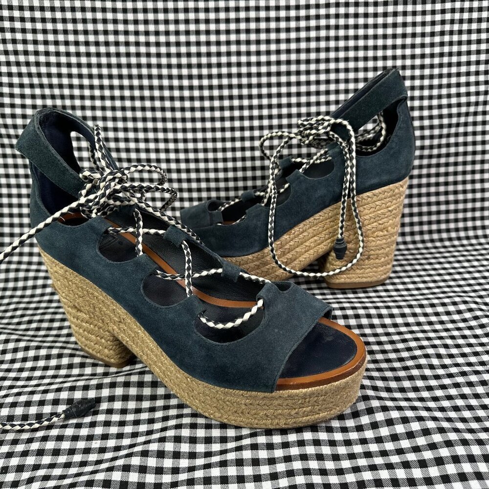 Tory Burch Positano Lace-Up Platform Suede Espadrille Navy Blue Women's Size 8.5